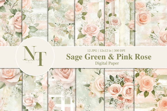 Elevate Your Creative Projects with Sage Green Pink Rose Digital Paper
