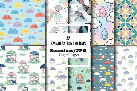 Kawaii Cats in the Rain Digital Papers: A Strategic Creative Resource for Diverse Applications