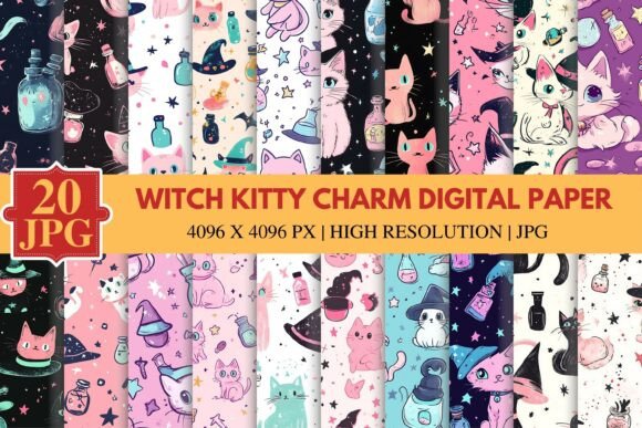 Witch Kitty Charm Digital Paper: A Magical Addition to Modern Creative Projects